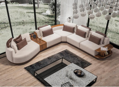 Beige living room corner sofa, exclusive L-shaped couch, modern wooden frame.